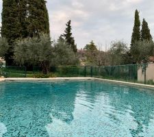 Photo de la piscine existante et la maison de plein pied avant rénovation sur la droite.