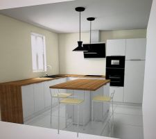 Plan de cuisine, bon ni les sols, ni les murs, ni les tabourets de bar ne ressembleront à ça mais pour le reste c'est à peu près bon.