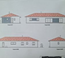 Plan des façades pour le permis de construire. Par la suite on fera un bardage clair voie sur la façade est au niveau de la porte d'entrée.