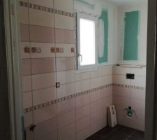 Pose de la fa&iuml;ence dans la salle de bain du rez-de-chauss&eacute;e
