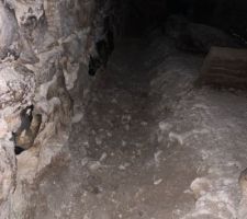 Cave aérée, avant travaux : détail du manque de matière du sol en terre battue le long du mur.