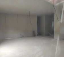 Pose de placo terminé + électricité (Salon / salle à manger + vu sur couloir et WC)