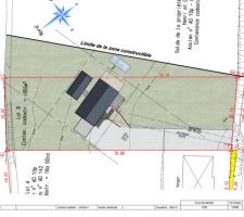 Implantation de la maison sur les 2500m2 de constructible.
Au del&agrave; de la piscine, 3000m2 de terre agricole.