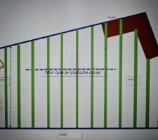 Le mur que je souhaite abattre est en pointillé.
Les bastaings sont des doubles bastaings de 65mmx175mm éloignés de 40cm en leur centre.