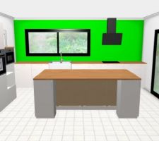 La cuisine (ikea). Les meubles de gauche seront recul&eacute;s dans une niche dans le mur, et le meuble du milieu sera moins haut, &agrave; la m&ecirc;me hauteur que celui &agrave; sa droite, environ 1m50.