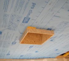 Caisson qui accueillera la trappe d'accès aux combles.

Pose du frein vapeur, 3 fonctions :
- frein vapeur
- support isolation ouate
- membrane pour l'étanchéité à l'air