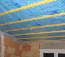 Liteaux, 2 fonctions :
- renforcer le support isolation ouate
- accrocher les suspentes pour les placo

Pose du frein vapeur, 3 fonctions :
- frein vapeur
- support isolation ouate
- membrane pour l'étanchéité à l'air