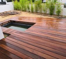 Bassin et terrasse bois devant la maison