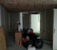 Placo sur les murs.
10*40 sur les murs extérieurs et ba13 sur rails entre couloir et bureau salle de jeux.