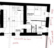 Plan du projet : transformation séjour en chambre d?ami + salle d?eau. Option de mettre la machine a laver et sèche linge dans le sas avec étendoir dans la chambre.