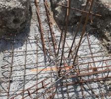 Détail du ferraillage du poteau de la cuisine. 3 liaisons sismiques le relient aux chaînages des murs ouest et sud, et au refend qui se termine dans l'entrée.