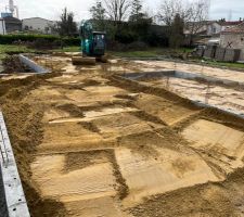 Les fondations ont été montées en parpaings sur 3 rangs. Nous avons vérifié les mesures, elles correspondent toutes aux cotes du plan à +/- 2 cm maxi. 
Le terrassier est là pour remblayer la plateforme. 
Prochaine étape : passer les tuyaux et gaines