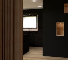 Vue 3D de la cuisine depuis la porte d'entrée