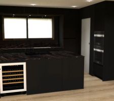 Vue 3D de la cuisine avec des murs foncs