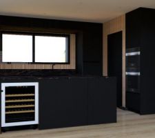 Vue 3D de la cuisine avec des lattes en bois sur les murs et la porte de l'office peinte en noir