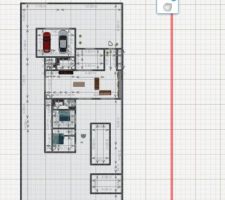 Première esquisse : le projet étant une maison toit plat contemporaine, 
Le terrain en longueur présente des contraintes , qui combinées à celles du PLU font que la disposition ne laisse pas trop  le choix; 
Nous attendons le prochain retour de l'architecte pour mieux préciser l'étude des expositions, etc ..