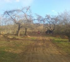 Pierre sur le dumper !  Tout un weekend pour monter les terres ! Une belle cascade en prime !