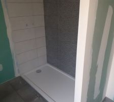 La pose du carrelage et de la faïence à commencer.
Ragréage sur tout l'étage et le garage...
Mise en chauffe des pièces avant la pose. 
Une couche supplémentaire d'imperméabilisant sur le BA13 spécial pièce humide. 
Coffrage de tous les wc suspendus et du tablier de la baignoire. 
Pose du carrelage et des baguettes de finition