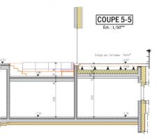 Coupe longitudinale dans salon en décaissé et toiture terrasse