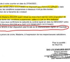Cette lettre en recommandé a été adressée à ma Protection Juridique par Mr TROTTA dirigeant des "DEMEURES OCCITANES"