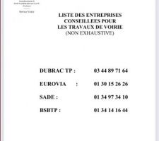 Prestataires recommandés par la mairie pour le terrassement en voirie