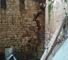 L'écartement du mur suite à l'effondrement de la toiture ou l'inverse. C'est sur ce mur là que j'envisage de déporter le pignon côté rue mais avant...
