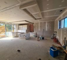 Retombées en placo:
-au niveau de l'îlot central (des spots seront intégrés à l'intérieur et on mettra une peinture brillante pour que ça ressorte)
-pour délimiter la partie salon (on y mettra des plaquettes de parement sur la face intérieure en continuité du mur de la TV)