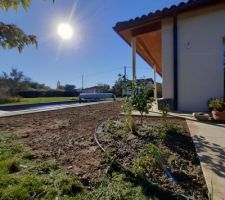 Jardinière côté piscine et gazon semé