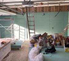 Pendant que le collègue faisait la partie maison, on a isolé/plaqué avec mon beau père la partie garage/mezzanine et pool house