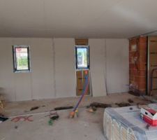 Pose de l'isolation et d&eacute;but de la pose des plaques de pl&acirc;tre