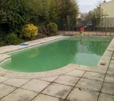 La piscine dans son jus, elle n'est clairement pas r&eacute;cente. Il y a du travail pour reprendre le liner &agrave; jeter, de m&ecirc;me que l'installation de filtration qui n'est pas bien dimensionn&eacute;e pour le volume d'eau.