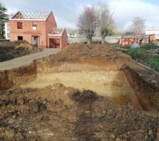 Debut du trou pour notre sous-sol en attente on voit que sur la droite en bordure de terrain que le voisin a fait une fondation et pour l'instant cela bloque Maison.com