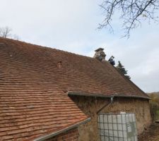 Après dé-moussage manuel (balais durs),remplacement de toutes les tuiles fuyardes, rejointement de la cheminée, pose d'une sortie pour vmc, pose de gouttières en zinc, pose et branchement d'un récupérateur d'eau... Tous ces travaux ont été réalisé par un couvreur professionnel