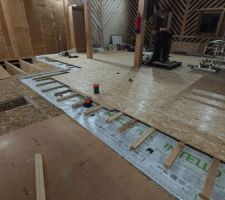 OSB pos&eacute; aux 3/4 (le "trou" dans la paille est pour l'&eacute;vacuation de la douche)