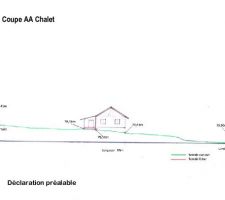 La coupe du terrain en fonction des relevés altimétriques. On voit qu'on est sur un replat à l'arrière du chalet, facilitant l'accès par rapport à l'autre façade où le sol est plus bas.