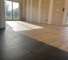 Carrelage imitation parquet pour la pi&egrave;ce de vie et ardoise dans la cuisine