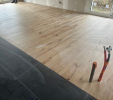 Carrelage imitation parquet pour la pi&egrave;ce de vie et ardoise dans la cuisine