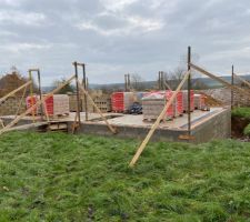 Redémarrage du chantier après quelques semaines de séchage de la dalle du rez-de-chaussée et d?intempéries (pluie et gel)
Élévation des murs du rez-de-chaussée