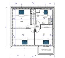 Plan de l'étage. 3 chambres avec une salle d'eau.