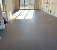 Pose des placos terminée, chape fluide spéciale plancher chauffant coulée. 
3 semaines de séchage avant le carrelage. 
Pendant ce temps là, finition électricité, et pose des gaines de raccordement au domaine public