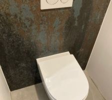 Pendant ce temps le collègue nous fait les carrelages/faiences des SDBs
Carreau de 1m20*1m20 pour habillé 'un bloc le bati du WC ;-) j'ai trouvé cette pièce chez un petit fournisseur du coin qui avait 2 seul carreau en expo :-)