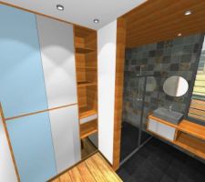 Coin salle de bain de 4m² ouvert sur la chambre et dressing