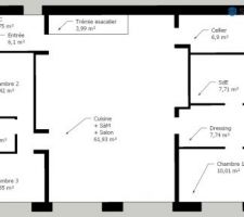 Plan de maison (avec surfaces) 3 chambres dont une suite parentale