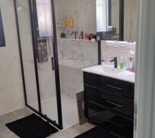 Salle de bain finit, cabine de douche, étagère, colonne de douche, meuble double vasque, miroir montés par mes soins