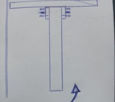 Shema de la futur pergola plaquée contre le mur avec les 2 poutres à mi distance entre le mur et le bord du toit