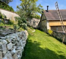 La pelouse est en place au fond du jardin, le mur en pierres sèches est terminé