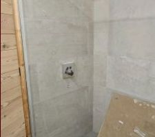 Pose parois de douche en verre au RDC. Je dois encore mettre la barre stabilisatrice et jointoyer.