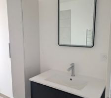 Salle de bain de l'étage meuble SALGAR et colonne BURGBAD , Mitigeur et colonne de douche HANSGROHE, miroir AURLANE