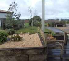 Au jardin j'ai nettoyé en profondeur la 1/2 de la jardinière devant le bureau plants ôtés, rajout de terre et de terreau remise en place des bulbes d'un plant d'estragon finition avec du much de chanvre