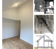 Déplafonné de la chambre avec parquet largeur 7cm en chêne massif.